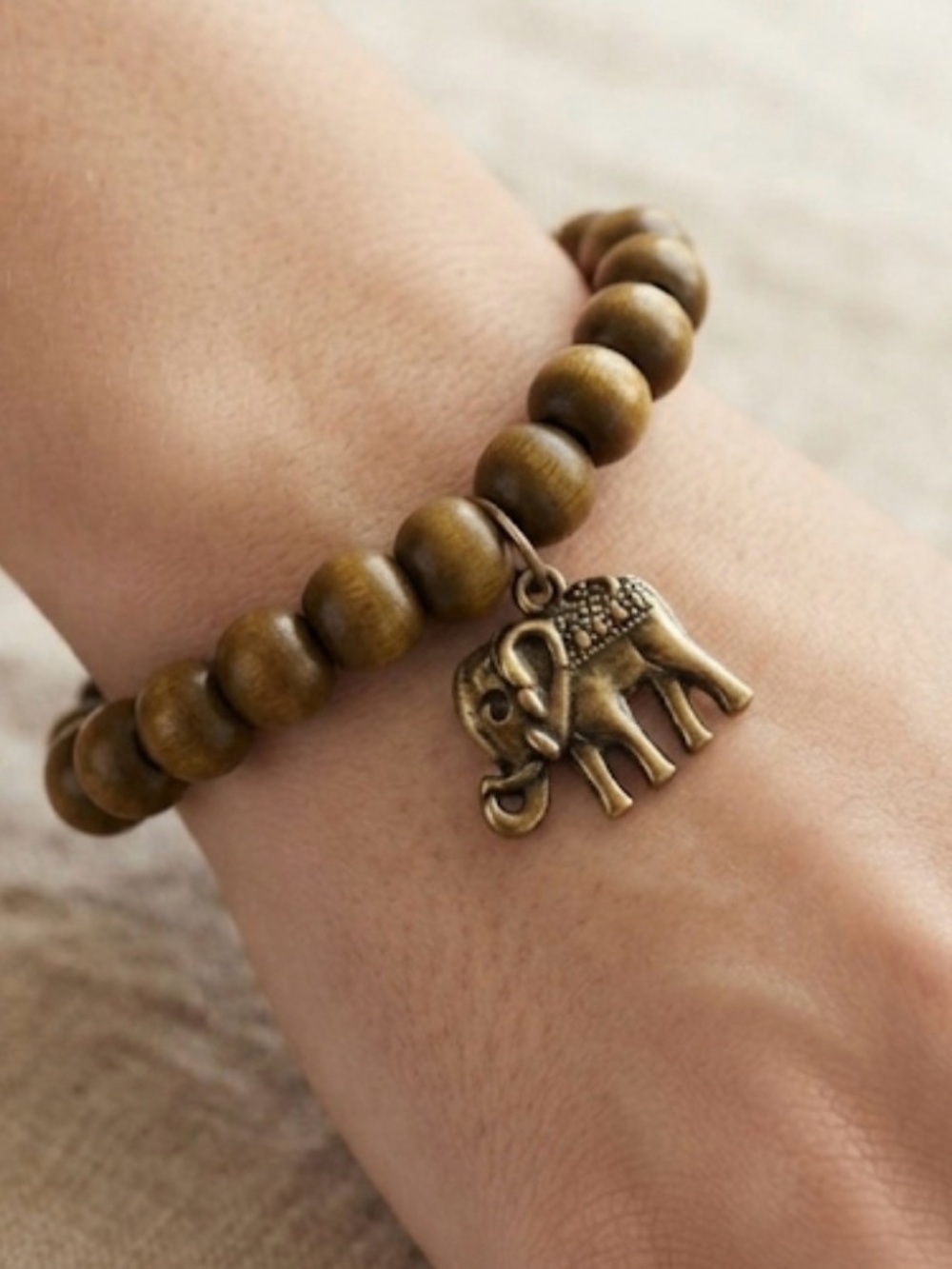 Women’s Olive Brown Beaded Bracelet with Elephant Charm - Picture 1 of 4